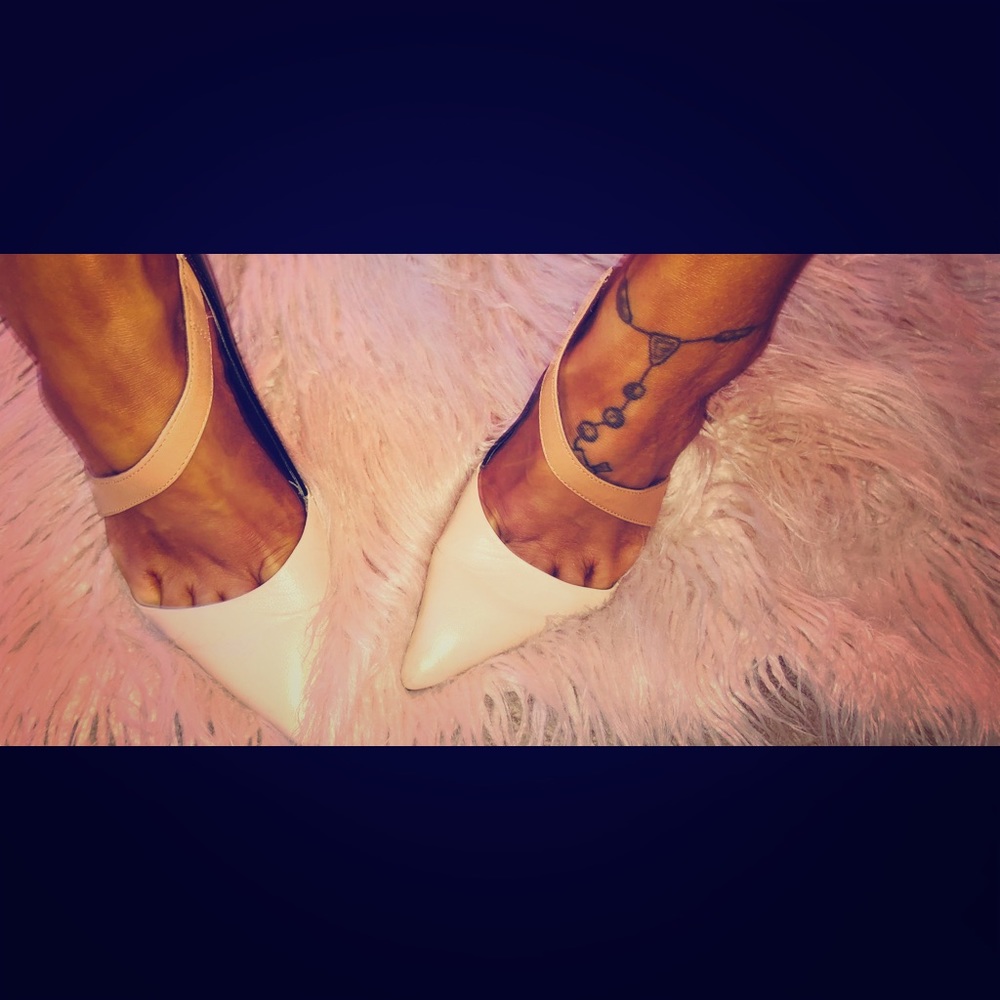 Tan/beige and black stiletto heels